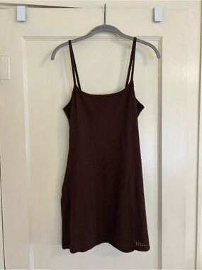 Brown Waffle Textured Spaghetti Strap Dress